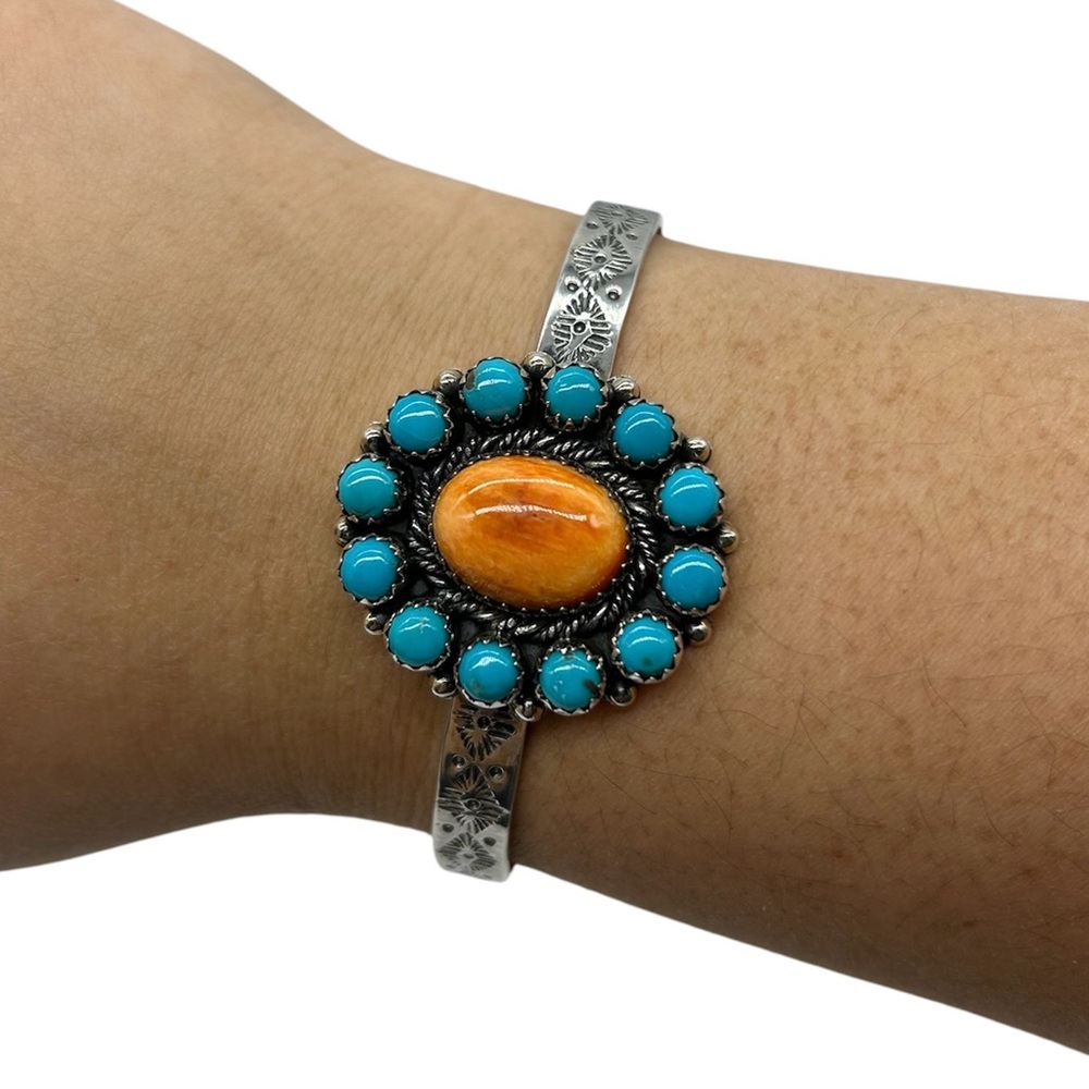 925 Sterling Silver Orange Spiny & Kingman Turquoise Cuff Bracelet